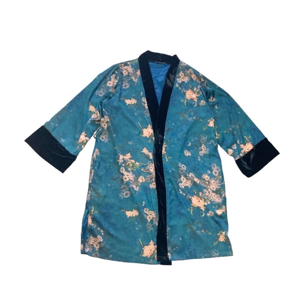 Kimono Ono Teal Floral Velvet Trim Long Kimono Robe - Picture 2 of 10